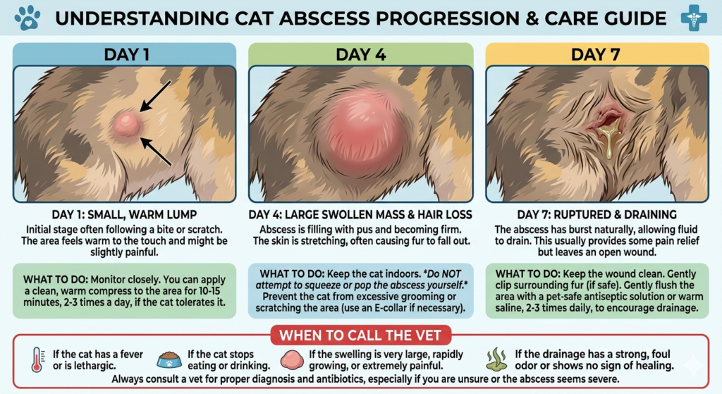 A side-by-side visual showing a cat abscess at three stages — Day 1 (small warm lump), Day 4 (large swollen mass with hair loss), Day 7 (ruptured and draining). Include arrows and short captions describing what to do at each stage and when to call the vet.